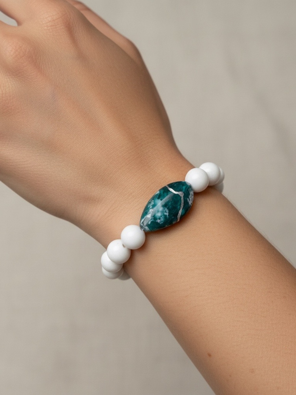 White Beaded Bracelet with Teal Marbled Center Stone